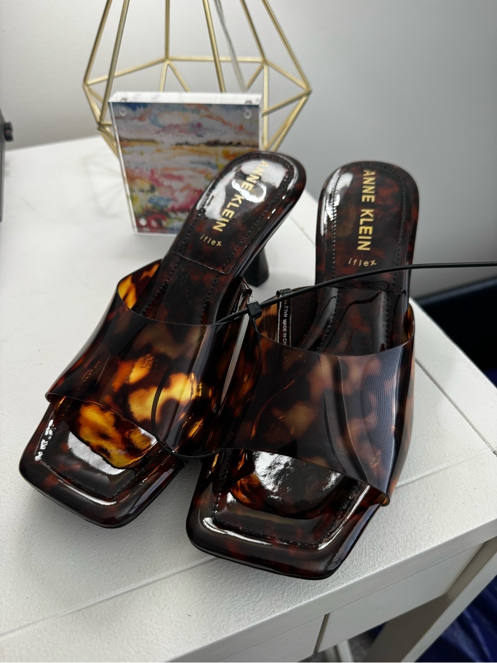 Anne Klein Tortoiseshell Brown Patent Block Heel Mule